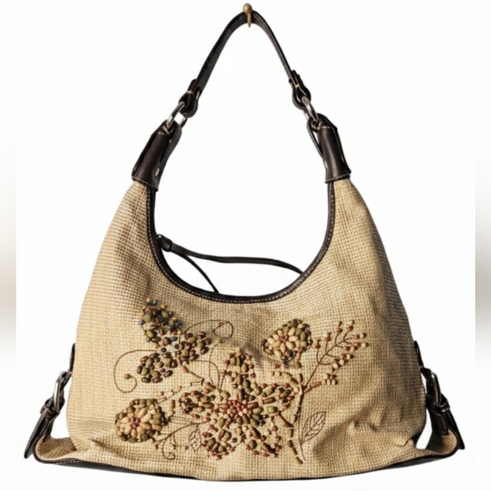 🌸Worthington Vintage Wood Beaded Embroidered Floral Beige Hobo Handbag